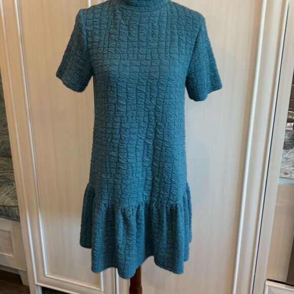 ZARA textured blue green mock turtleneck skater dress fit flare Sz M textured - Picture 4 of 12